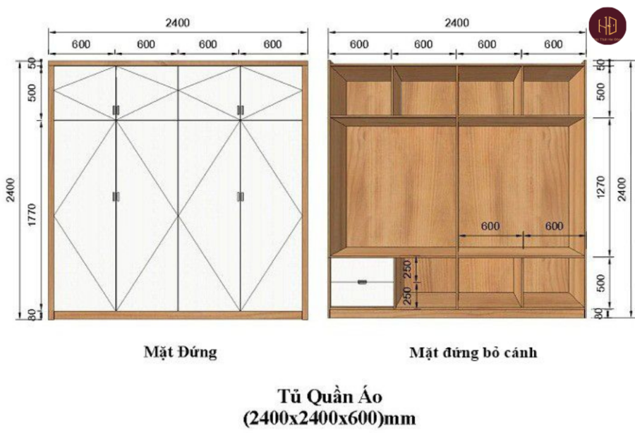 kích thước tủ quần áo 4 cánh