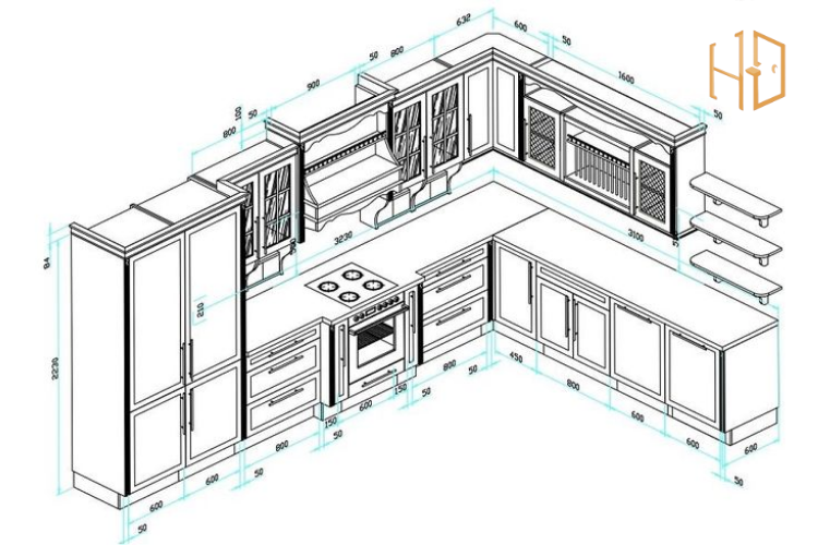 kích thước tủ bếp chữ l