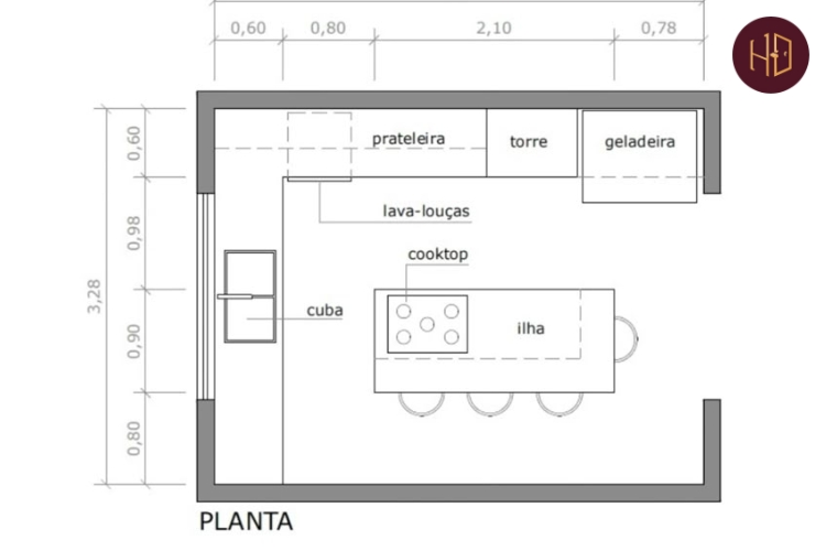 Kích thước tủ bếp chữ L